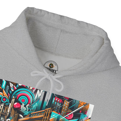 Urban Vibes Hoodie — Cool Artistic City Graphic in Vivid Colors