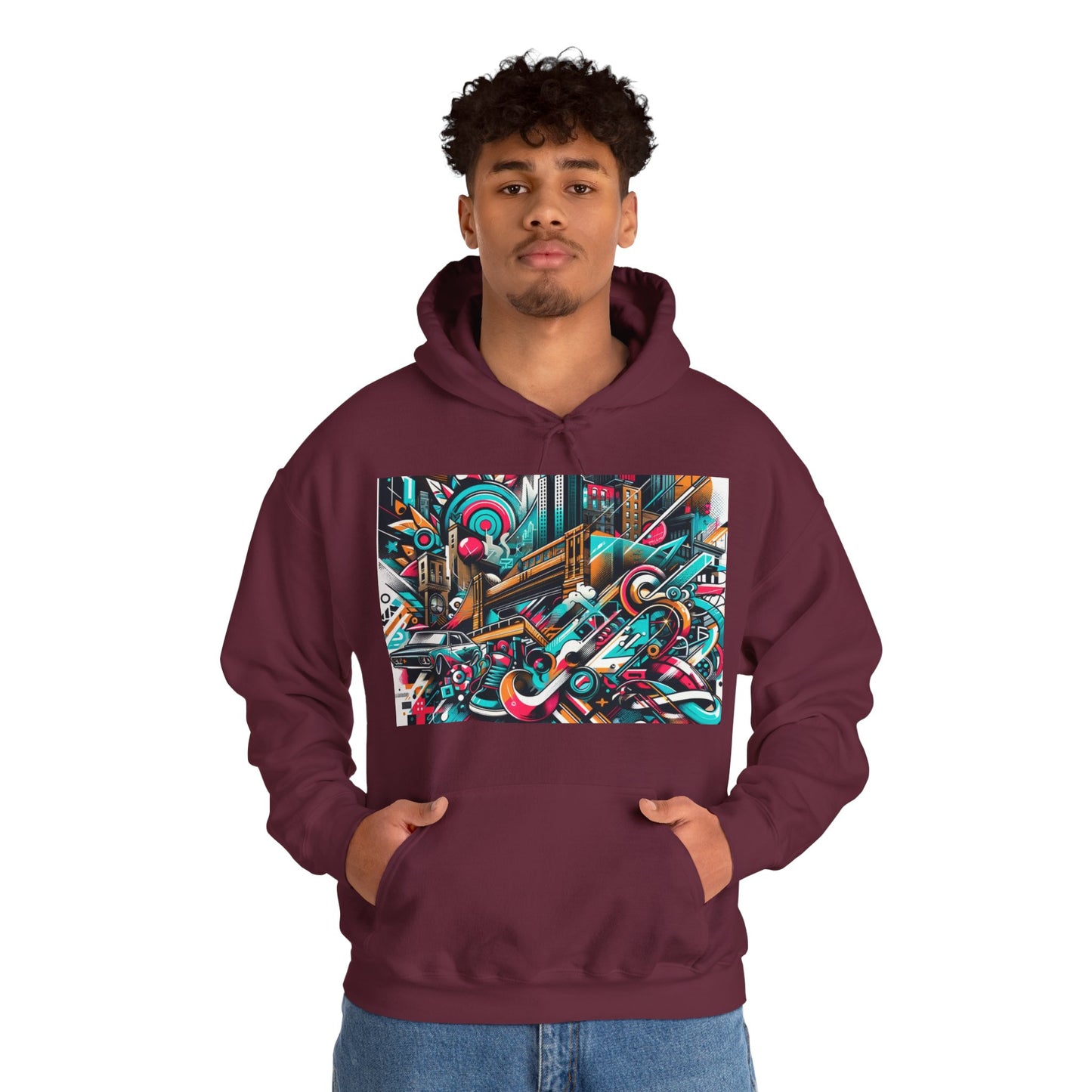 Urban Vibes Hoodie — Cool Artistic City Graphic in Vivid Colors